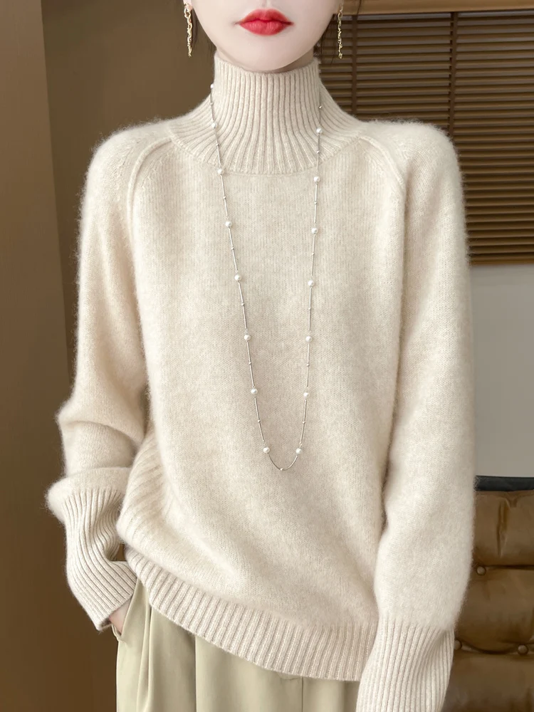 

2024 Autumn Winter Women 100% Merino Wool Sweater Solid High Collar Thick Knitted Pullover Casual Basics Cashmere Clothing Tops