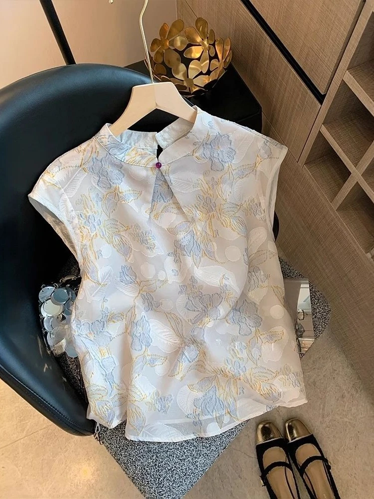

Chinese Style Shirts Stand Neck Sleeveless Flower Embroidery Design Blouses Fashion Elegant Aesthetics 2025 New Women's Clothing