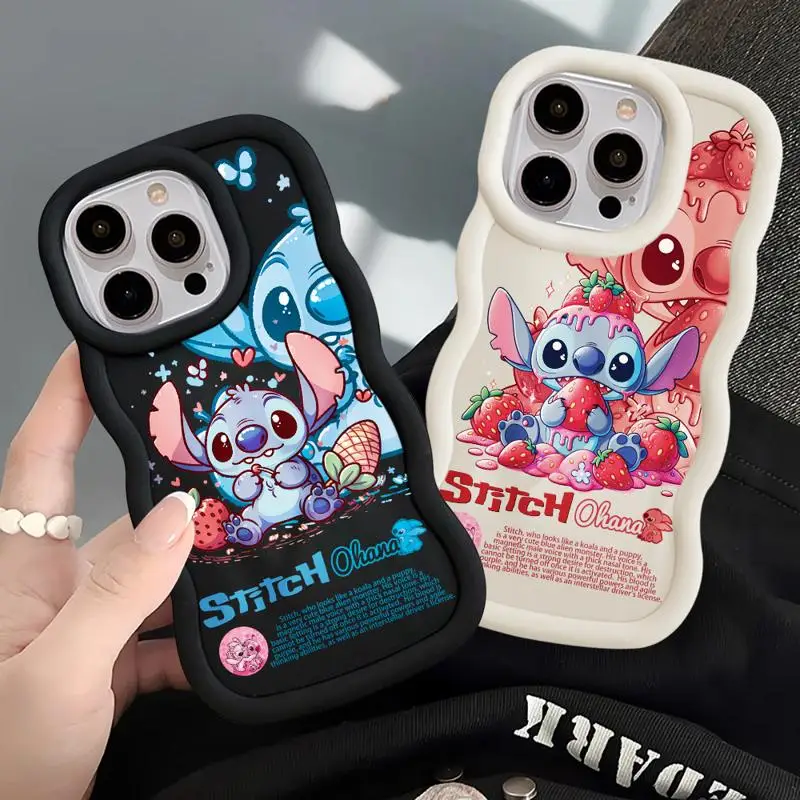 Disney Stitch Eat Strawberry Macaron Waves Phone Case for iPhone 15 14 13 12 11 pro Max XS X 7 8 plus Soft Silicone Candy Cover