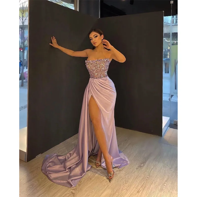 Elegant Mermaid Evening Dresses Strapless Beaded Sequined Prom Dresses High Split Floor Length Women Formal Party Pageant Gowns