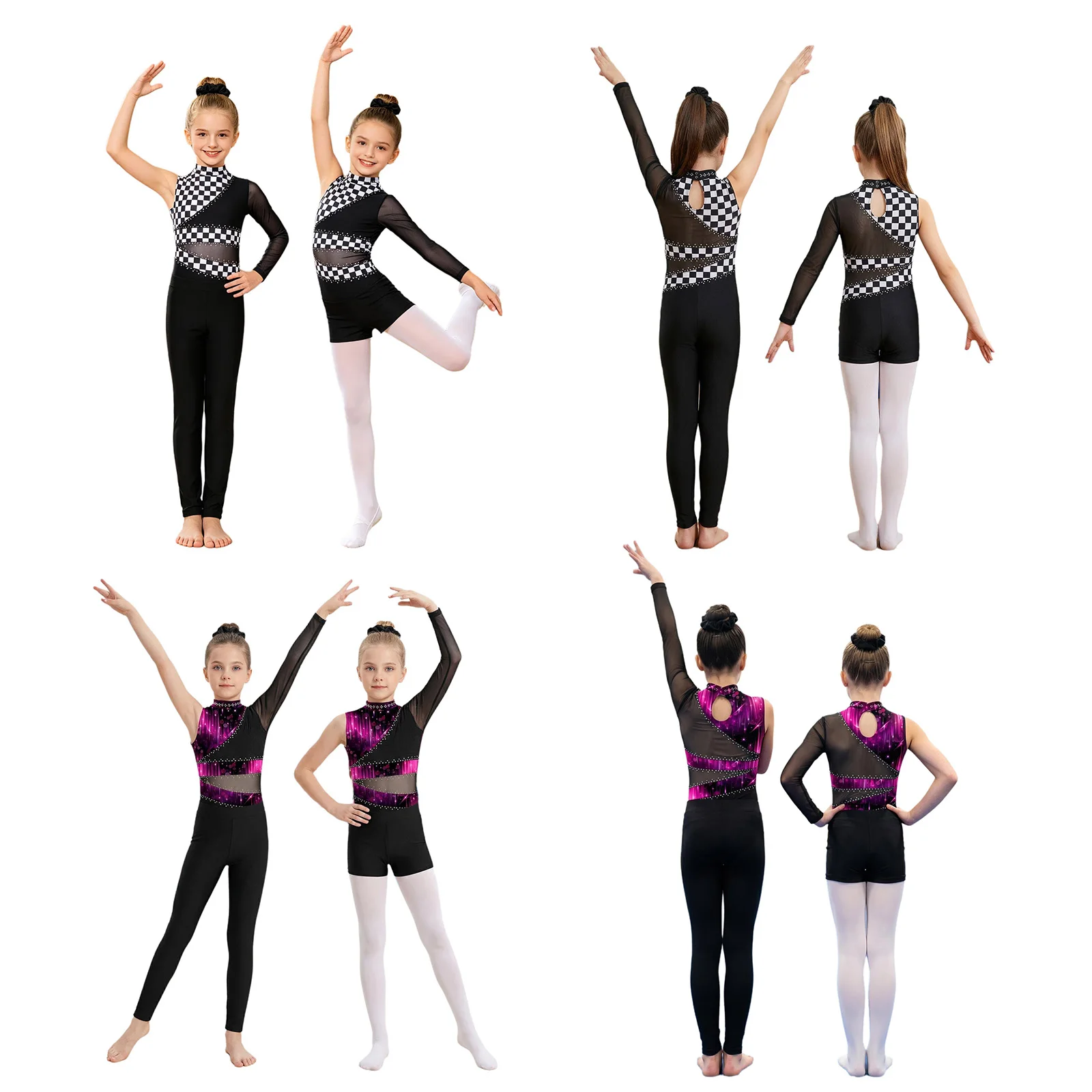 

Girls Rhinestone Gymnastics Leotard Asymmetric Sleeve Sparkly V Front 4Pcs Set Shorts Pants Hair Tie Dance Sports Costume