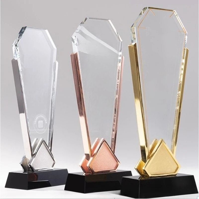 New crystal trophy, custom free engraving, premium style for employee awards & competition honor, metal decorative trophy
