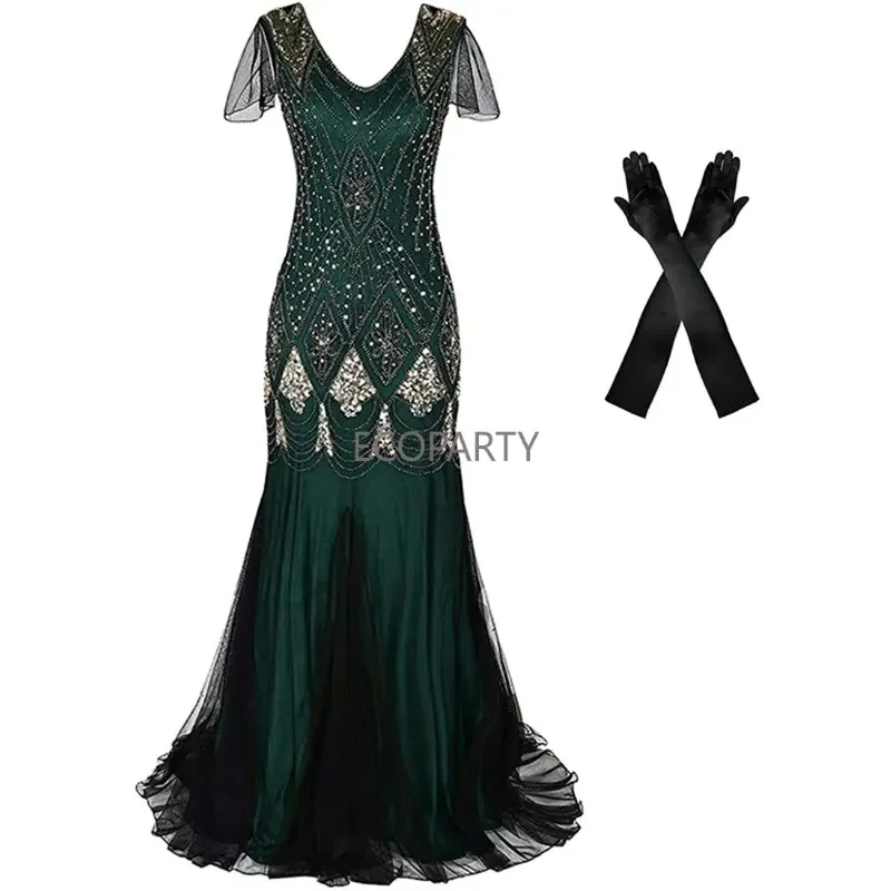 Women's Elegant Evening Long Dress 1920s Flapper Sequin Cocktail Mermaid Plus Size Formal Gown with Long Gloves women clothing