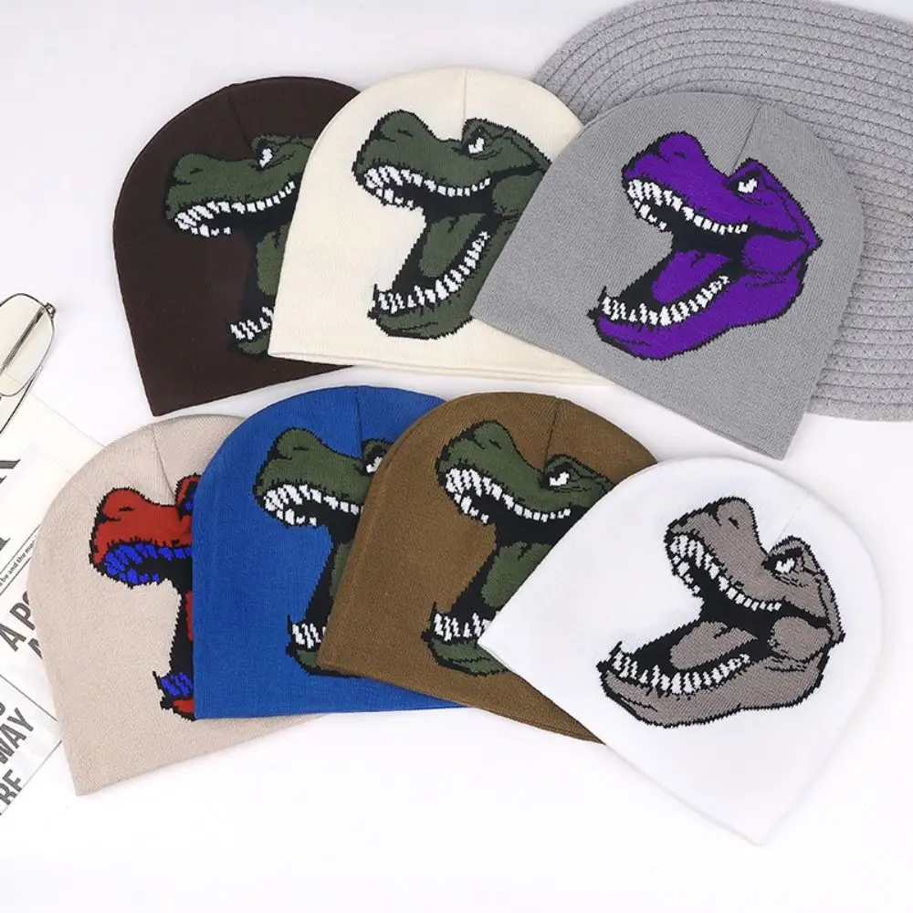 New Knitted Dinosaur Beanie Dinosaur Pattern Warm Knitted Beanie Hat Stretch Fit Pullover Winter Beanie Daily Outfits