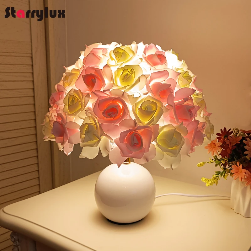 

Creative Ceramic Umbrella Rose LED Table Lamp - Nordic Bedside Decor, Warm White Light, Gift Idea