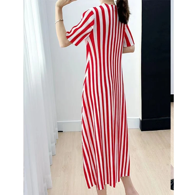 Vestido Midi de manga corta con cuello redondo para mujer, Vestidos estampados Multicolor, Vestidos elegantes plisados informales de calle alta, moda de verano