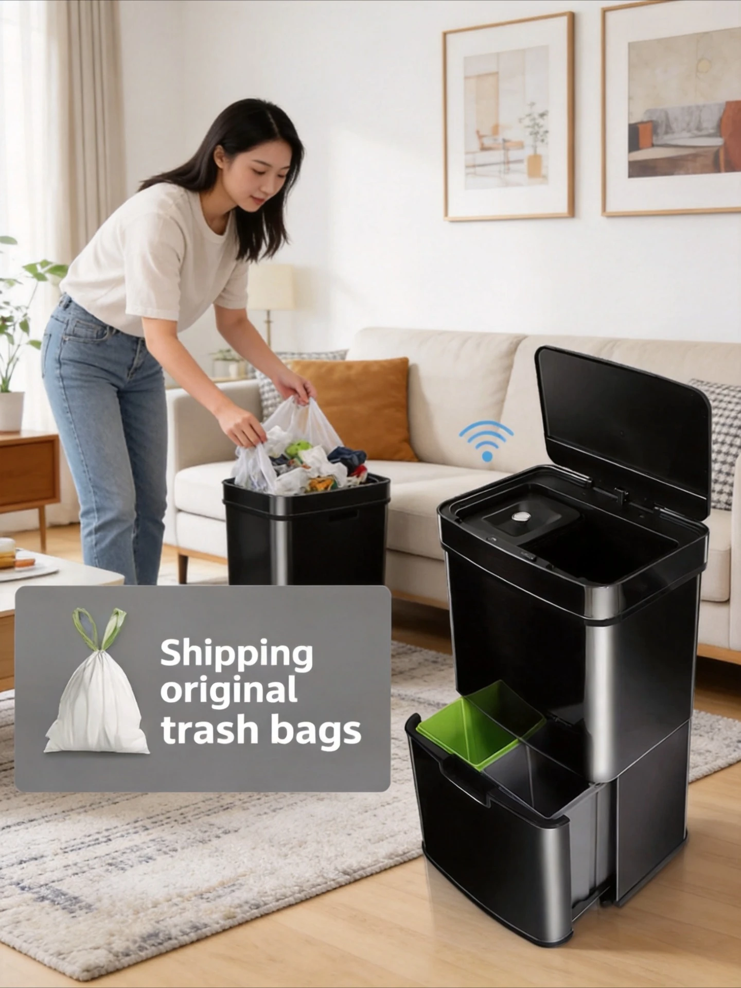 Sensor Stainless Steel Waste Bin, Large Capacity Wet Dry Separation Recycle Bin for Kitchen Living Room Household