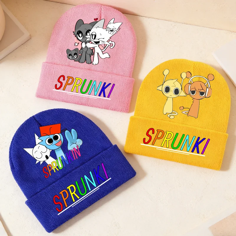 Sprunkis Knitted Cap Headgear Cartoon Winter Warm Windproof Knit Hat Game Print Skullies Beanies Boy Girl Bonnet Birthday Gifts