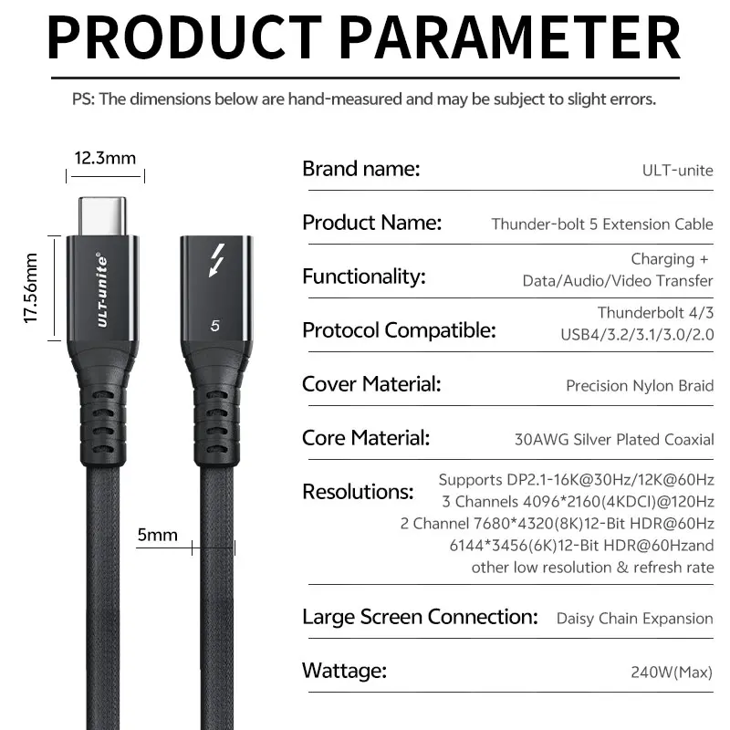 120 Gbit/s Thunderbolt 5 Datenkabel für iPhone18, kompatibel mit USB4, voll ausgestattetes 240-W-Super-Schnelllade-USB5-Verlängerungskabel – Detail 6