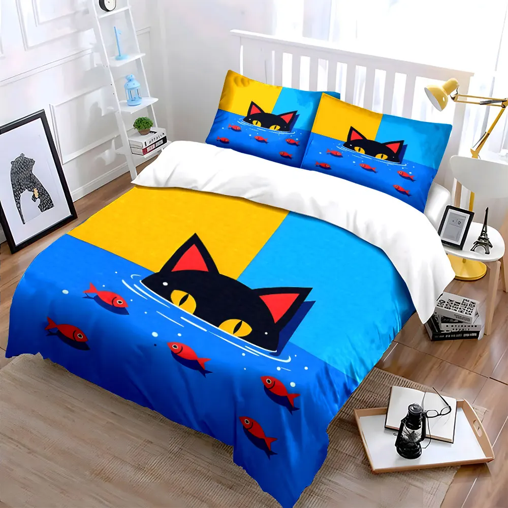 Illustration of black cat and goldfish in the water Print Bedding Set 1Duvet Cover 2Pillowcases for Adult Children Luxury Gift