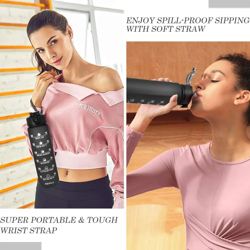 1 L Water Bottle with Motivational Time Marker & Straw, BPA Free Leak Proof Water Jug to Remind You Drink for Fitness Outdoor