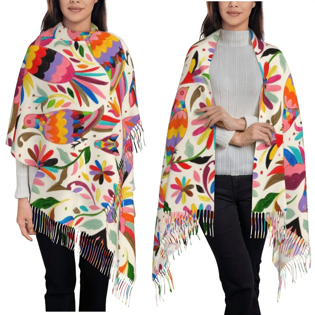 

Mexican Otomi Birds Flowers Floral Mexico Scarf Tassel Scarves for Women Soft Warm Shawls and Wraps Long Fall Winter Shawl Wrap
