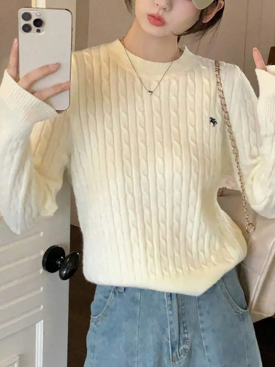 

Cream Cable Knit Crew Neck Sweater for Women, Long Sleeve Embroidered Pullover, Soft & Cozy Fall Winter Top