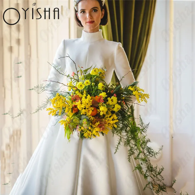 OYISHA High White Muslim Wedding Dresses Simple A-Line Long Sleeves Satin Exquisite Bridal Gowns Custom Made Vestido De Mariages