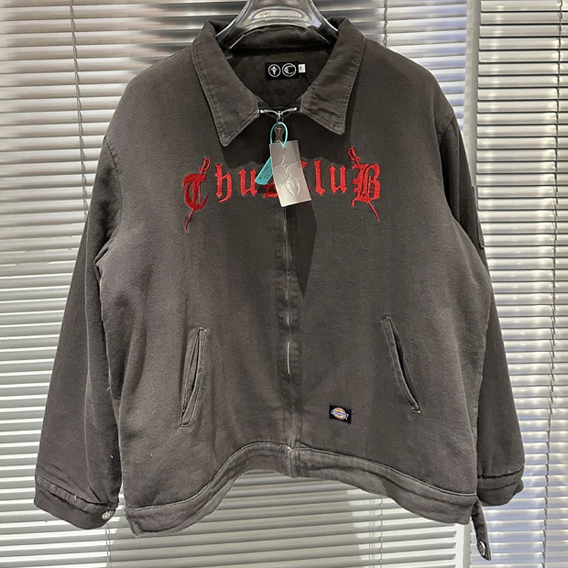 

High Street Fashionable THUG CLUB Jacket Embroidered Letter Lapel Outerwear Retro Casual Washed Do Old Thug Club Jackets