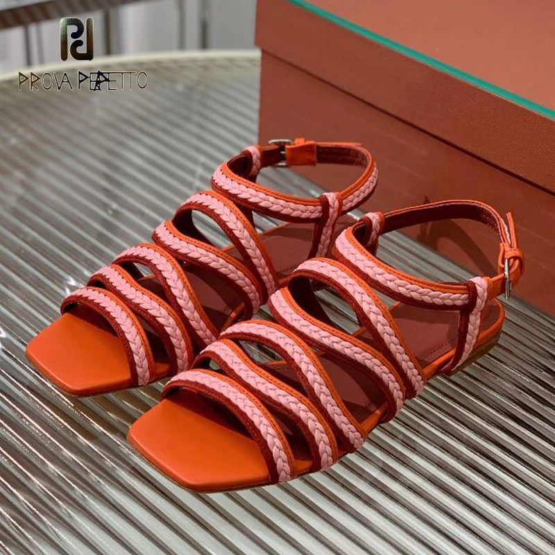 

Weaving Straps Lady Summer Sandal Shoes Flat Open Toe Buckle Strap Color Match Leisure Designer Top Quality Mules All Match