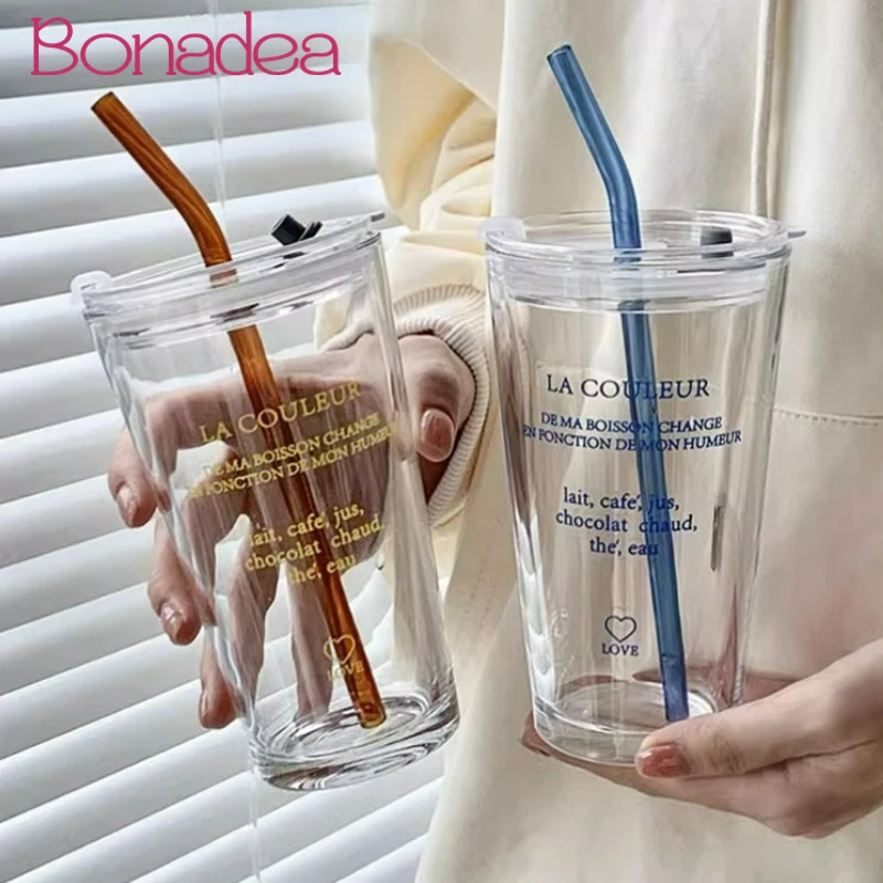 Creative English and French Letters Straw Cup Portable Coffee Milk Straw Cup With Lid Drinking Straw Cup Travel Glasses Cup