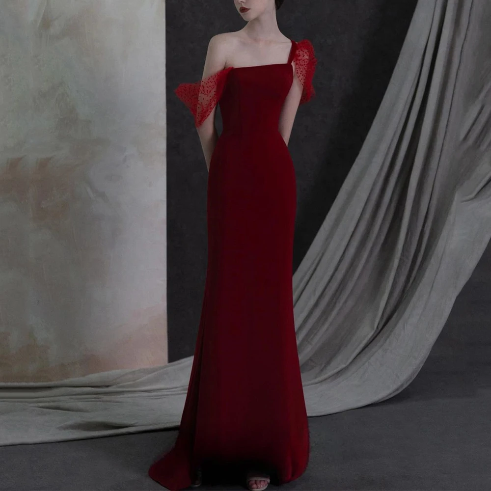 Simple Red Mermaid Evening Dress Jersey Off the Shoulder Floor Length Women Customized Sweep Train Occasion Formal Party Gowns