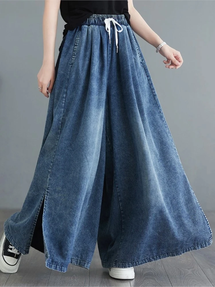 

Oversized Jeans Spring Summer Long Wide Leg Pant Women Loose Pleated Fashion Split Ladies Trousers Elastic High Waist Woman Pant