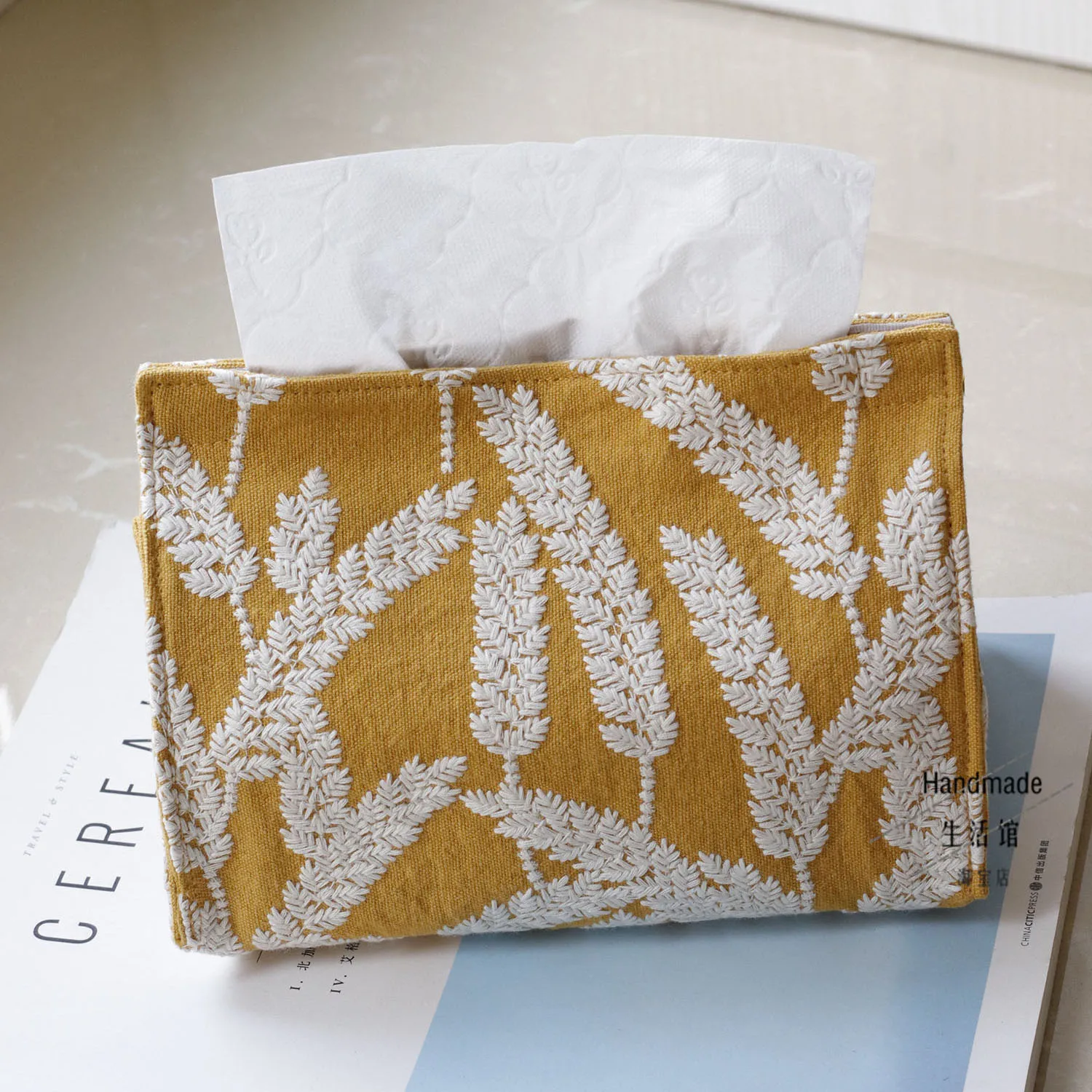 

Embroidered Wheat Sheath Tissue Holder - Reusable Fabric Cover for Home & Car, Decorative Drawstring Organizer for Paper Towels