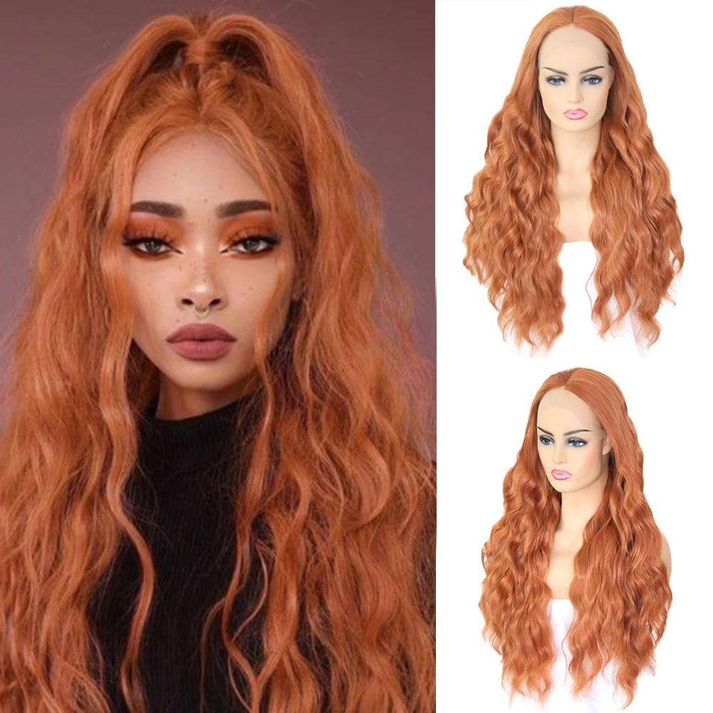 AIMEYA Long Wavy 13X4 Lace Wig Syntheitc Hair Ginger Wigs for Women Natural Hairline Cosplay Party Lace Frotnal Halloween Wig