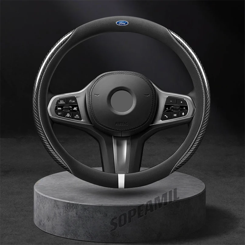 

Ford ST Mondeo Fiesta Focus Fusion Kuga Explorer Mustang F150 Edge Range Puma C-MAX Car Suede Carbon Fiber Steering Wheel Cover