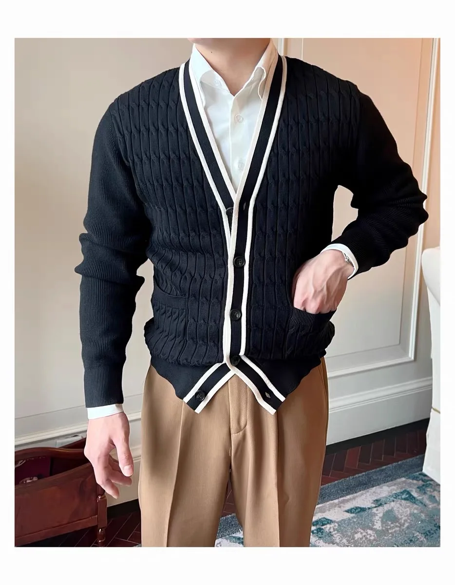 Interleaved pattern bump color matching cashmere sweater small fragrance coat 100% pure cashmere sweater V neck cardigan