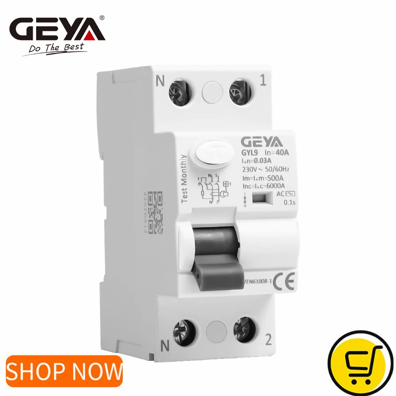 GEYA GYL9 AC Type RCCB Residual Current Circuit Breaker AC ELCB 2 Pole 25A 40A 63A 100A RCD