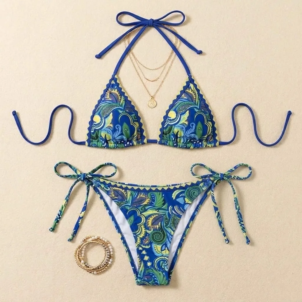 JEWELRY SEN Women Bohemian Vibrant Print Triangle Bikini Set 2 Piece Side Tie Summer Beach Bathing Suit Swimwear