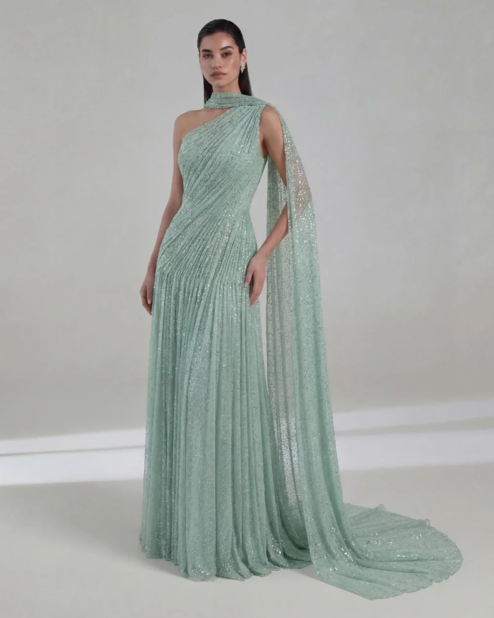 Customized Sparkle Women Tulle Sequined Ruched Straight Evening Dresses Modern Style Off-the-shoulder Floor Lenght Prom Dresses