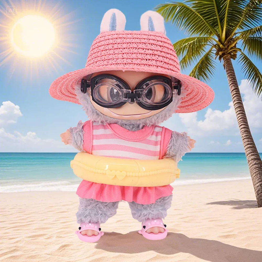 For Labubu Doll Clothes Swimsuit Cute Shark Slippers 15-17Cm Labubu Glasses Straw Hat Idol Star Dolls Accessories Holiday Gifts