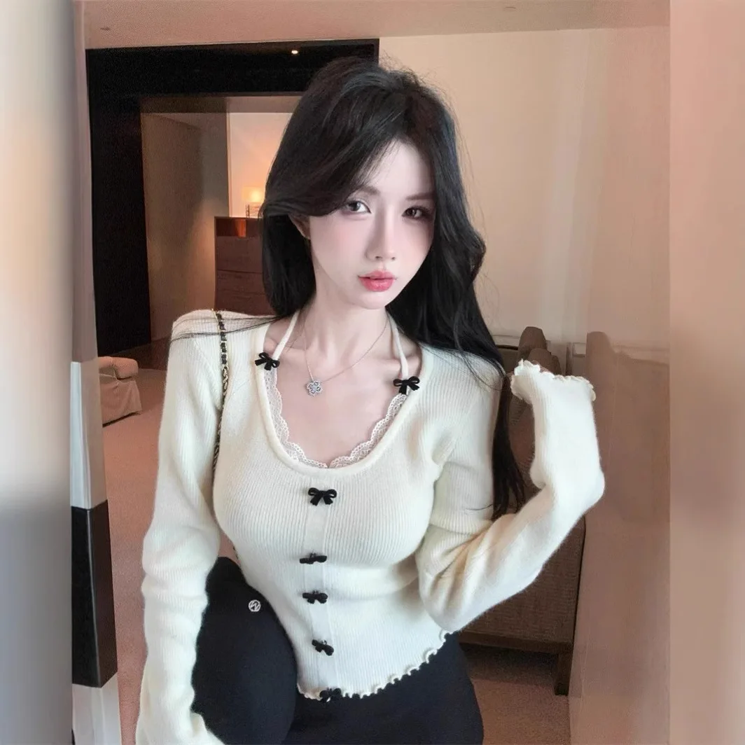 جودة عالية حار بيع بالجملة جديد ربطة القوس فيونكة محبوك سترة سليم صالح معلقة الرقبة مثير الدانتيل قاعدة قميص مع المرأة الداخلية #1