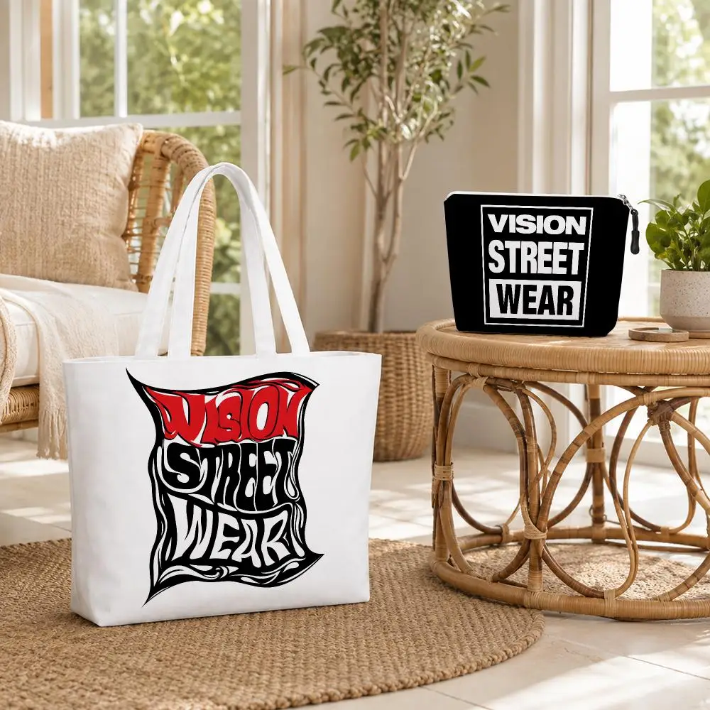 Streetwear V-Vision Wear Storage Bags 2-Piece Canvas Tote Bag Set Double-Sided Print with Zipper Pouch Travel Gift for Women