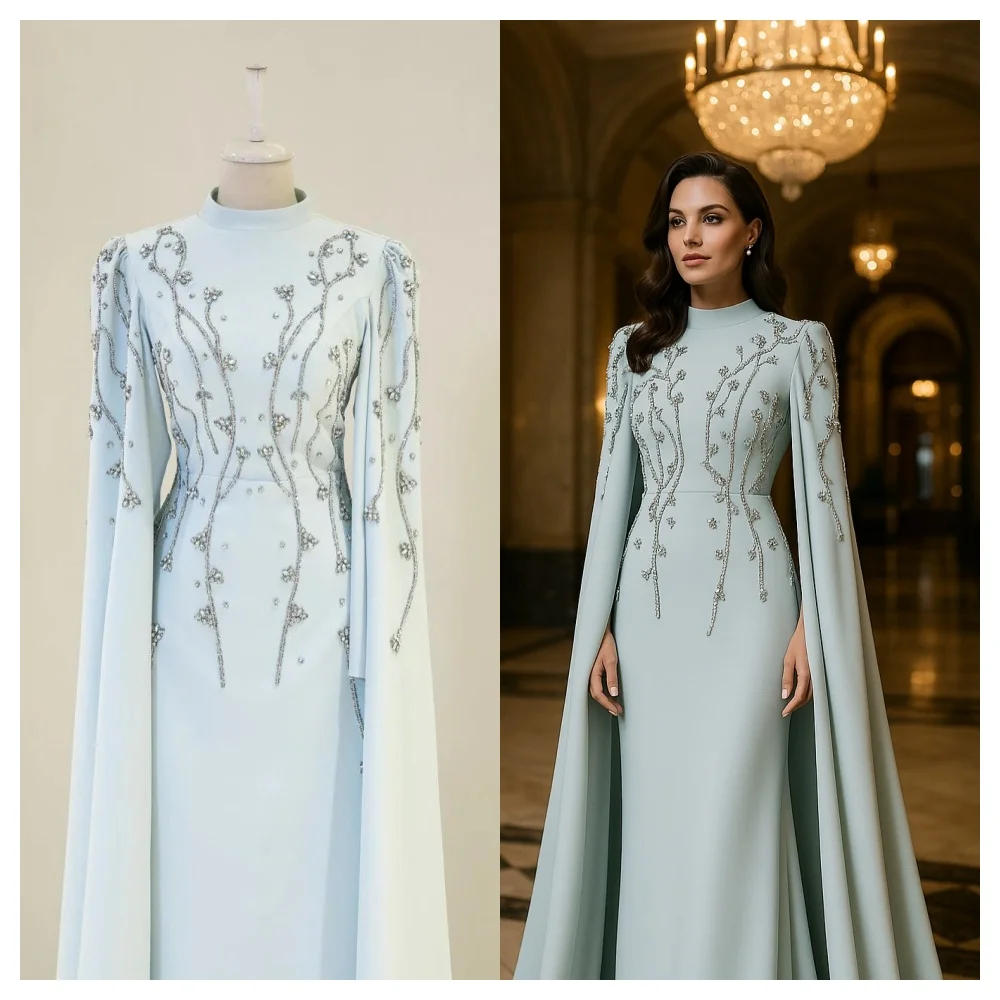 

Customized Exquisite Blue Jersey Evening Dress Fashion Crew Neck Long Sleeves Party Dress High Quality Straight Celebrity Gowns
