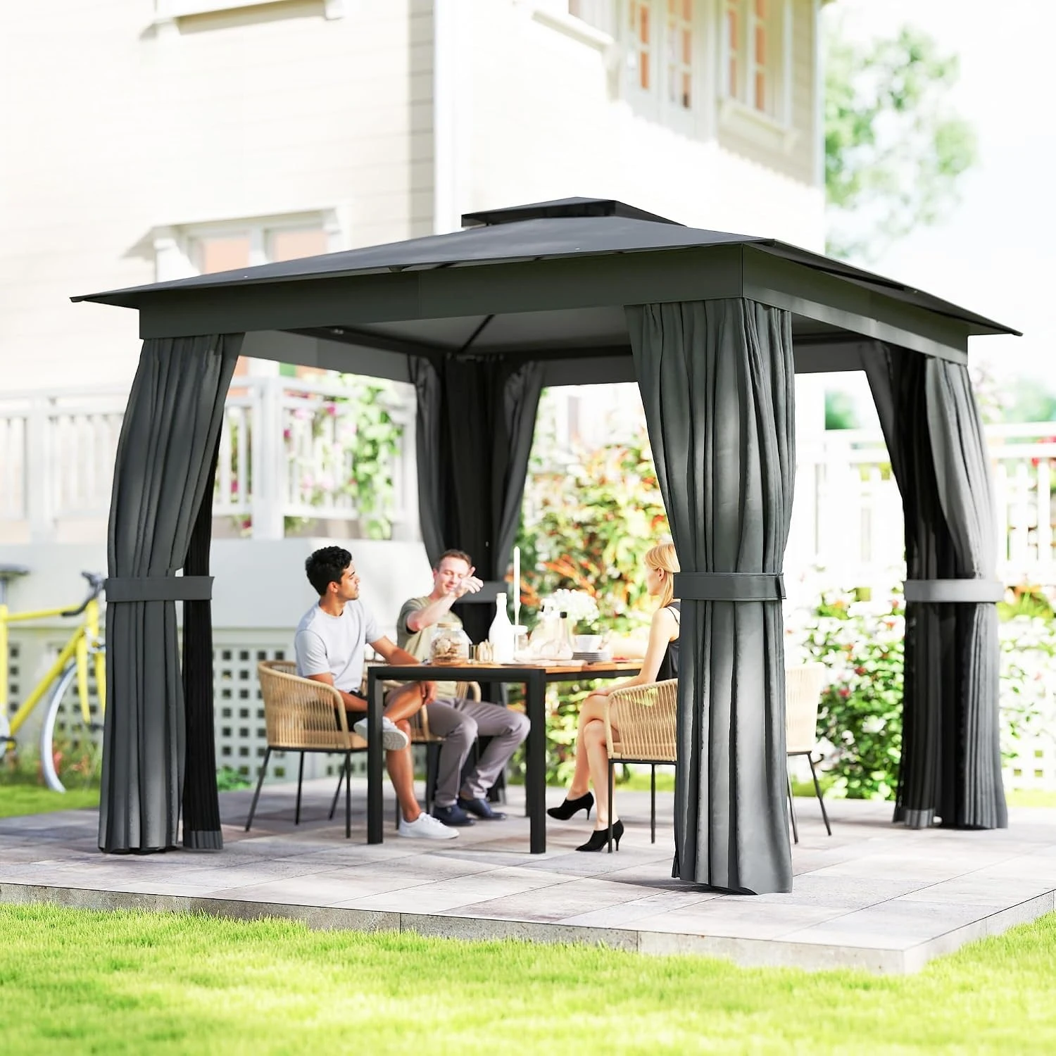 10' x 10' Outdoor Patio Gazebo with Double Roof, Dark Gray | Heavy Duty Gazebo Canopy Shelter, Curtains, Netting,, Customized