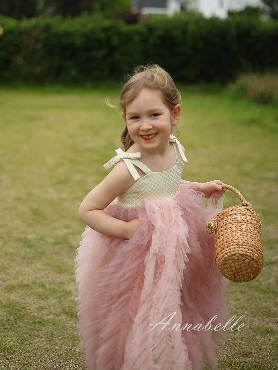 Annabelle Pink Flower Girl Dress Spaghetti Strap Puffy Dresses For Kids Girl Tulle Cute Priness Dress For Birthday Party