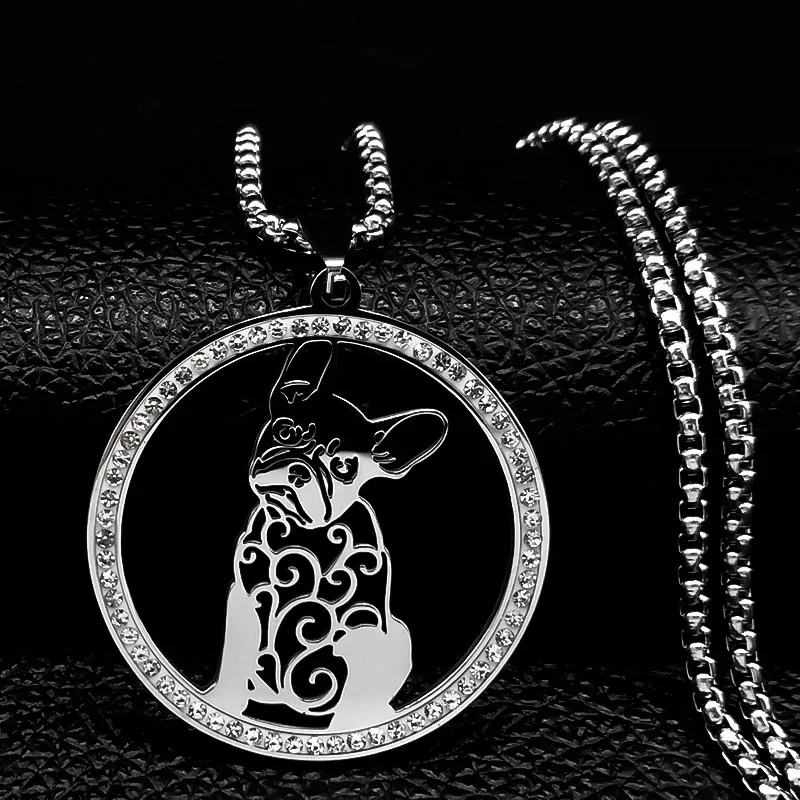 French Bulldog Chihuahua Pug Schnauzer Dog Crystal Necklace Stainless Steel Silver Color Statement Necklace Jewelry bijoux femme