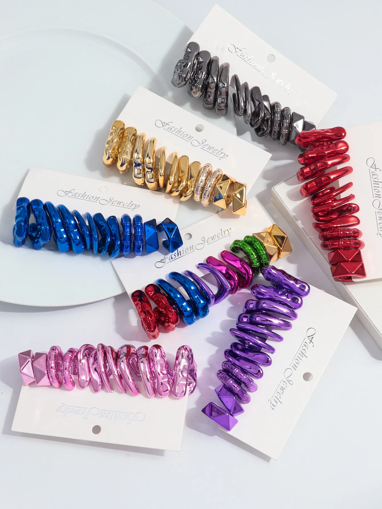 6pair/set Acrylic Irregular Circle Hoop Earrings for Women Girls Geometric Metallic Color C Shape Earrings 2024 Fashion Jewelry