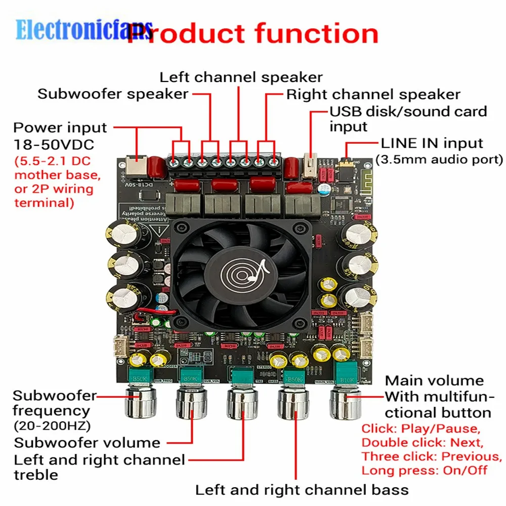 Imagem -02 - Placa Amplificadora Audiófila Bluetooth Alta Potência 2.1 Canais Zk-as21p 300w Mais 300w Mais 600w Chip Amplificador Tpa3255 2