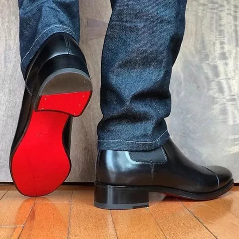 New Red Sole Chelsea Boots for Men Black Red Business Pointed Toe Handmade Men Fashion Short Boots Men Boots