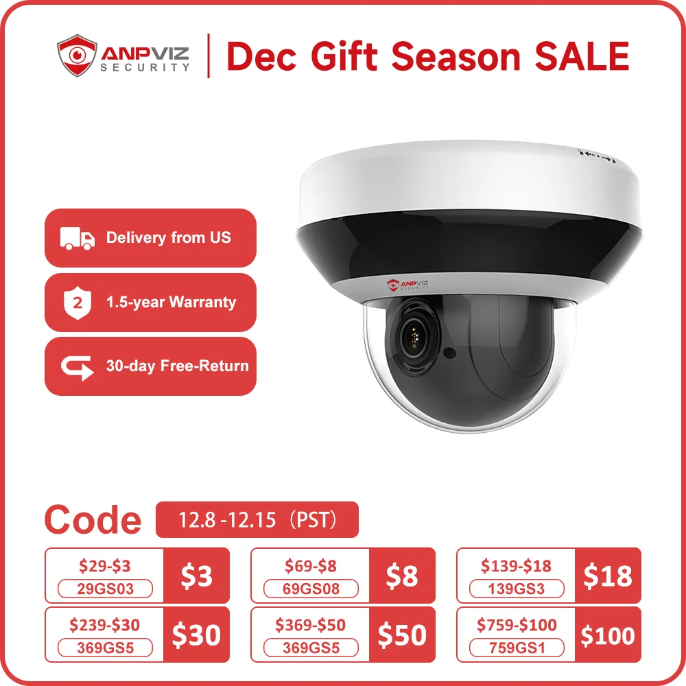 Anpviz-PTZ IP Câmera de Segurança Externa, 4X Zoom Dome, Vigilância CCTV POE, Cartão SD, Áudio, Detecção de Movimento, H.265, PTZ-N2404I-DE3