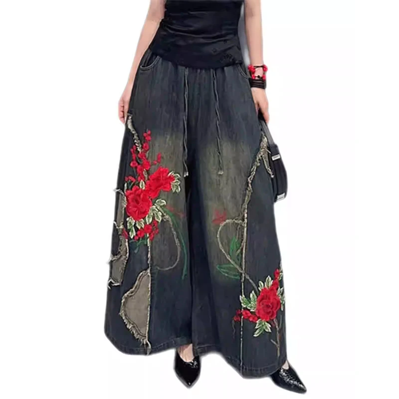 กางเกงยีนส์ทรงตรงผู้หญิงสไตล์เกาหลีใหม่ แฟชั่นเอวสูง ลายปักสไตล์ชาติพันธุ์ มีเชือกผูก ทรงโอเวอร์ไซส์ ขากว้าง