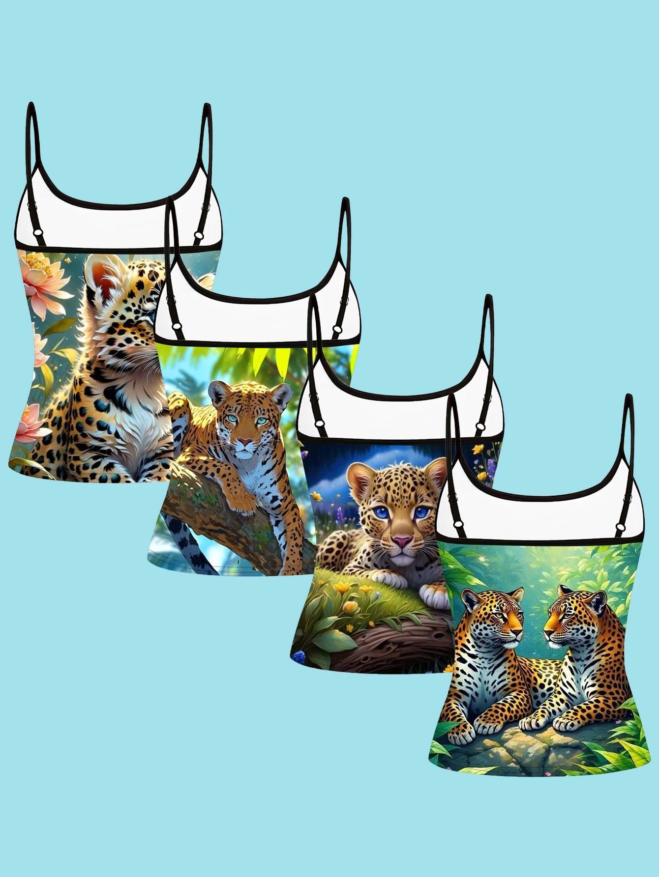 4-Piece Set of Women's Cute Leopard Floral Forest Print Spaghetti Strap Camisole Slim-Fit Base Layer Tops