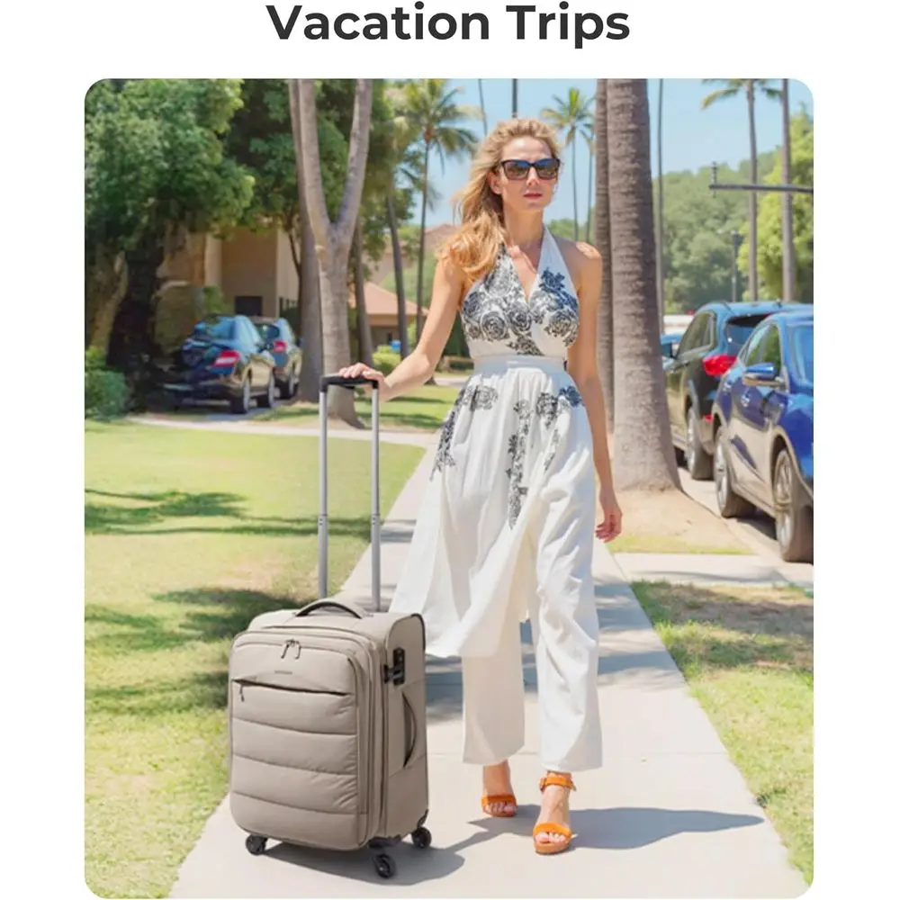 20 Lightweight Spinner Carry-On Suitcase, Airline Approved, PVC Pockets, Camel