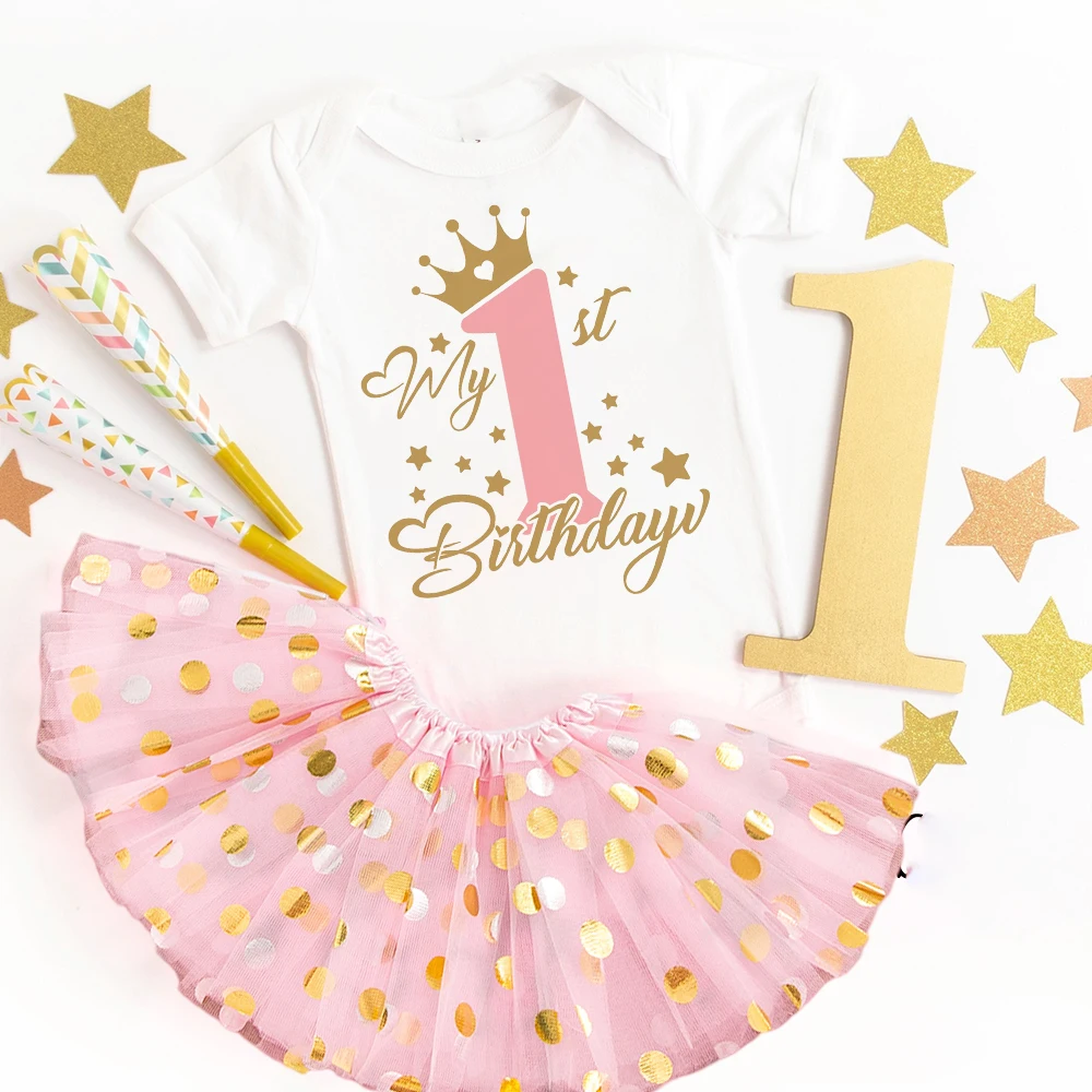 My 1st Birthday Print Baby Bodysuit Dress Set 2 Pcs Birthday Party Outfit Girls Tutu Cake Dresses +romper Infant Summer Clothes