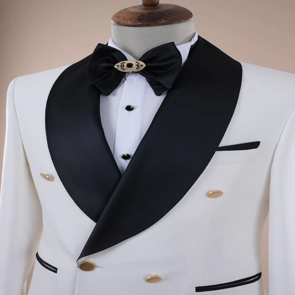 Men's Double Breasted Shawl Collar Tuxedo Sleeve Cuffed Metal Button Slim Fit Italian Style Jacket Pants Bow Tie