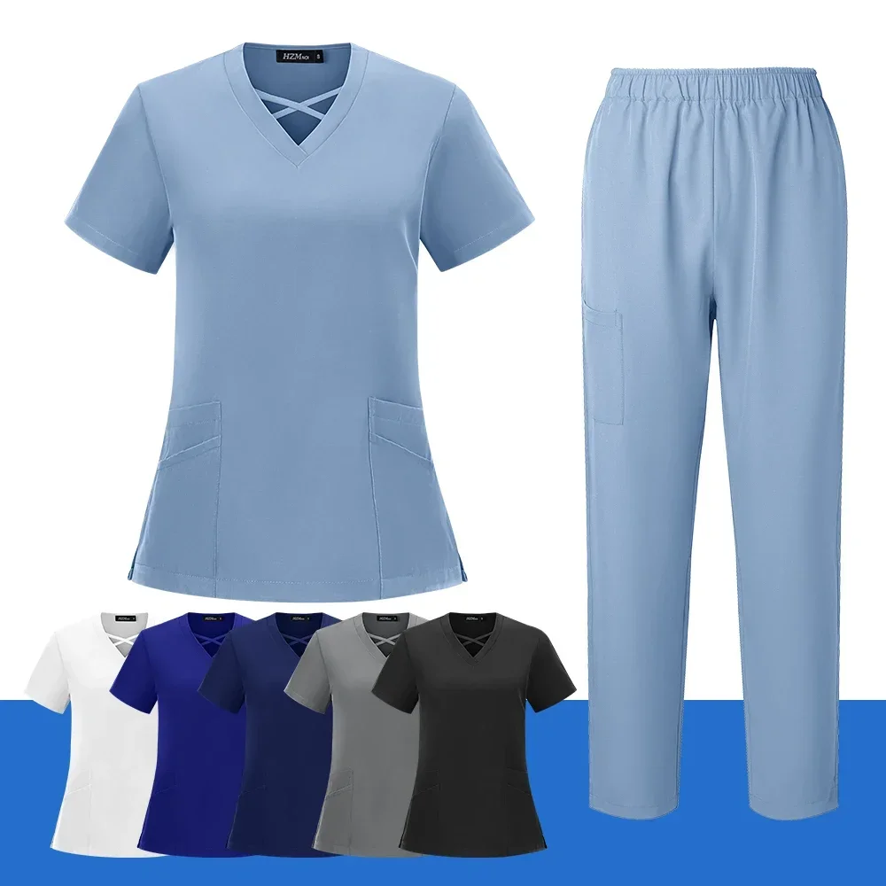 

Multicolour Jogger Suits Doctor Nursing Uniforms Short Sleeve V-neck Tops Pocket Pants Nurse Scrubs Set Medical Clinical Clothes