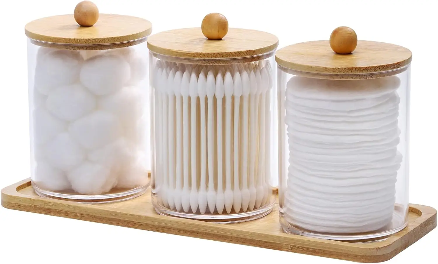 

3 Pack Cotton Swab Holder with Vanity Tray, Clear Apothecary Jar with Wood Lids for Bathroom Storage