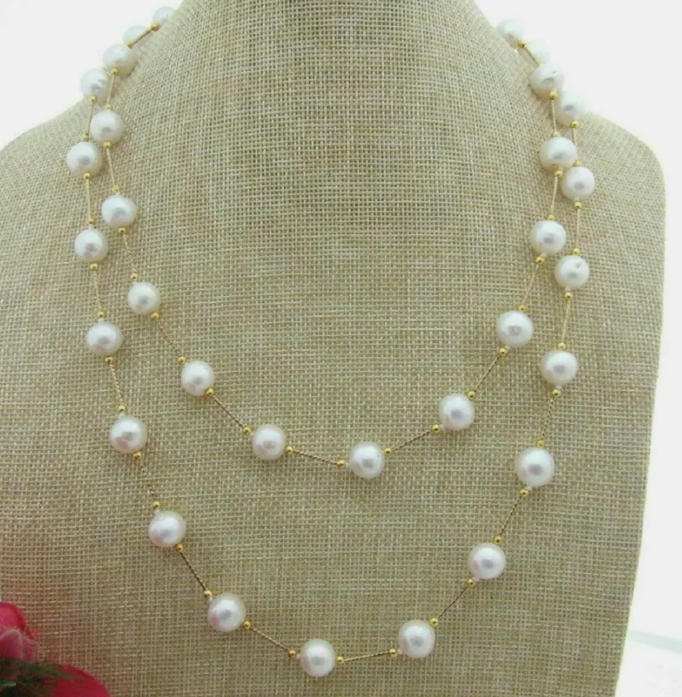 

New 39 inch Giant AAAA Round 8-9mm AKOYA White Pearl Station Necklace 14K Gold