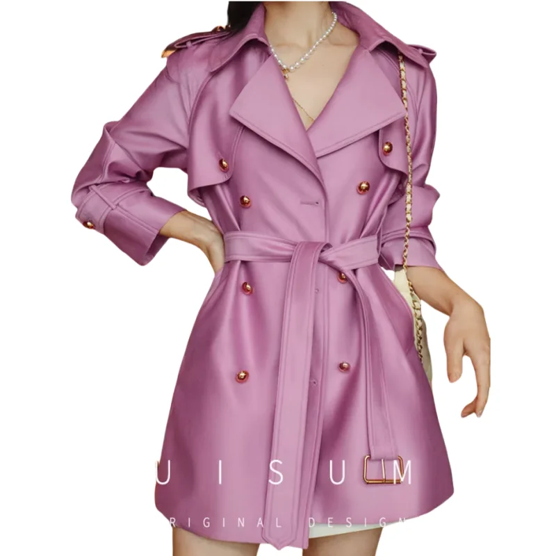 

Winter New High end Stylish Commuter Trench Coat for Women Pink Waist Lace up A-line Long Mini Length Coat Women Clothing